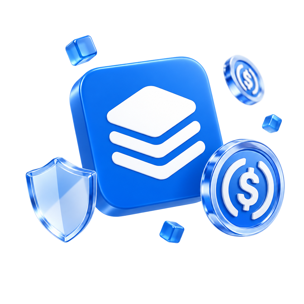 stablepad token tile floating with a stablecoin coin and a protective shield